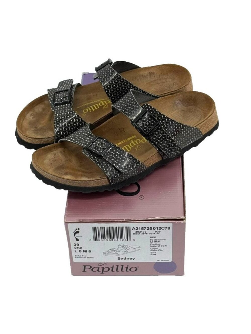 Birkenstock Papillio Sydney Sandals Womens Sz 39 Pailletten Black Buckle Shoes